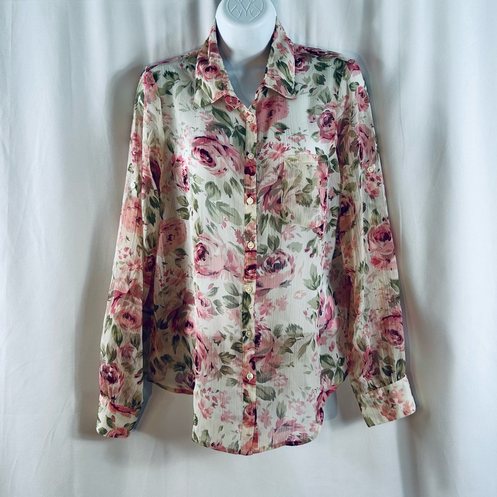 American Rag sheer crinkle long sleeve basket weave back blouse M